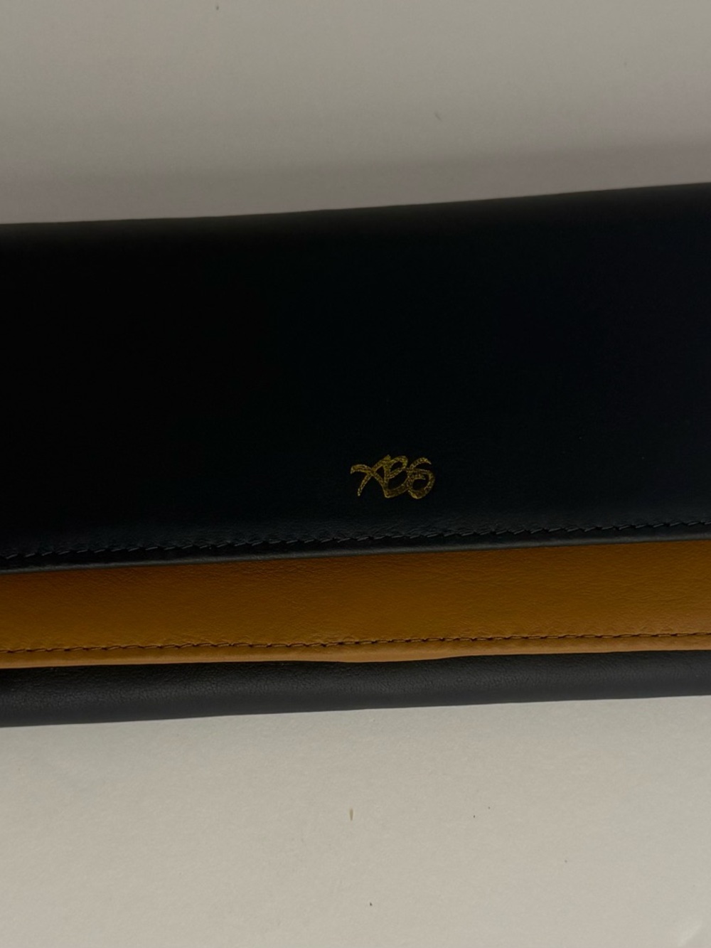 ABS Always Be Secure Navy and Camel Leather Walet with Gold Logo